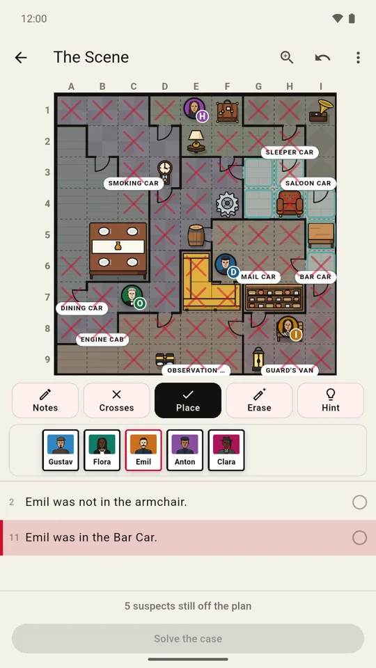 The Scene: a train floor plan mid-solve, with suspects placed, red crosses and a clue lit up