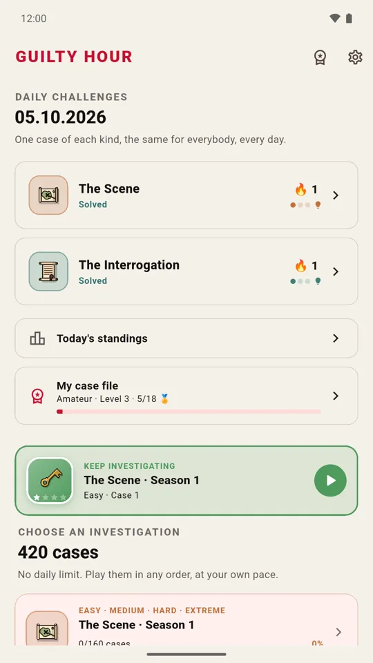 The home screen with both daily cases solved