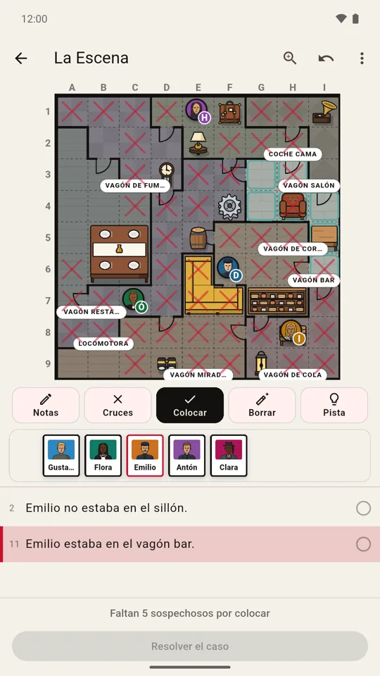 La Escena: el plano de un tren a medio resolver, con sospechosos colocados, cruces rojas y una pista iluminada