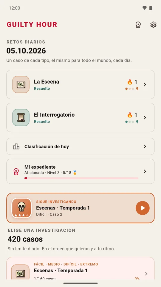 La pantalla de inicio con los dos retos diarios resueltos